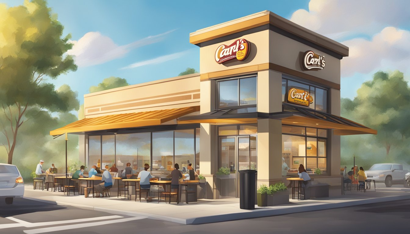 A bustling Carl's Jr. restaurant with eco-friendly packaging, compostable utensils, and a recycling station. Sunlight streams in through large windows, illuminating the sustainable breakfast menu items on display