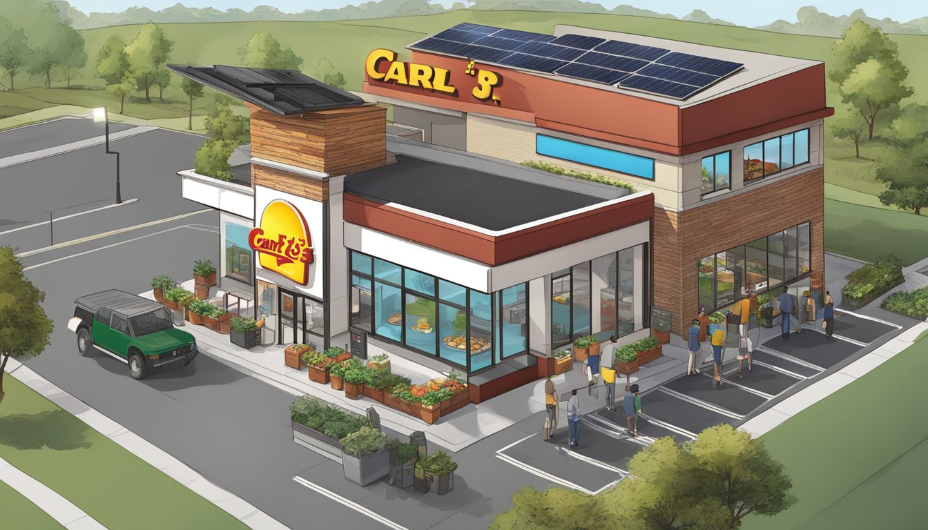 A bustling Carl's Jr. restaurant with solar panels on the roof, recycling bins, and a display of locally sourced produce for sustainable breakfast options