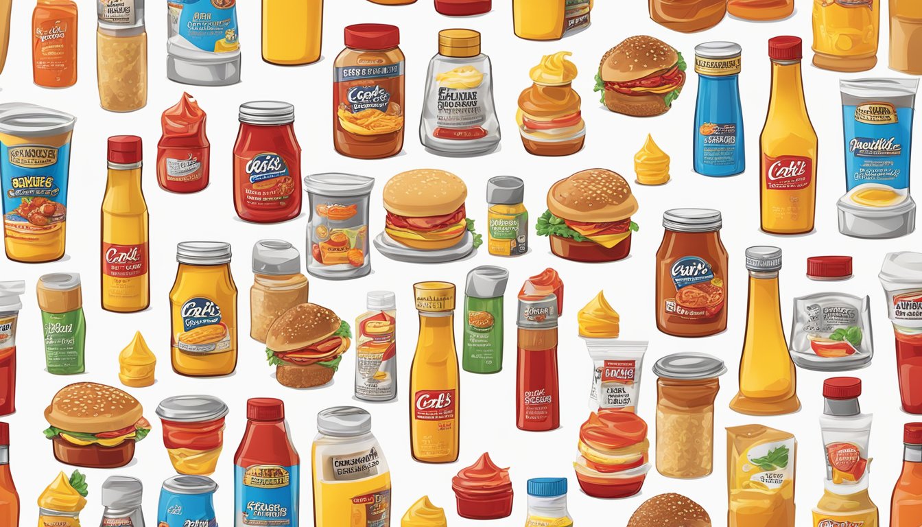 A table with a variety of breakfast condiments and sauces from Carl's Jr., including ketchup, mustard, mayonnaise, and hot sauce, displayed in colorful packaging