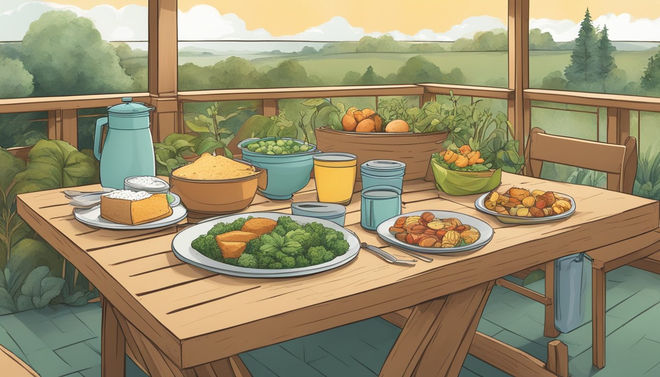 A table set with a variety of sustainable breakfast options, including plant-based and locally sourced ingredients. A compost bin and recycling bins are nearby