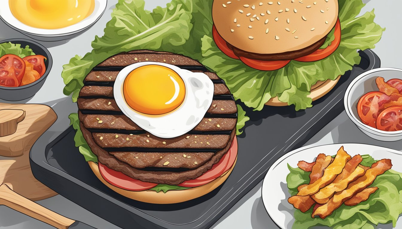 A sizzling grill with a beef patty, egg, and bacon. Surrounding it are fresh lettuce, tomato, and a sesame seed bun