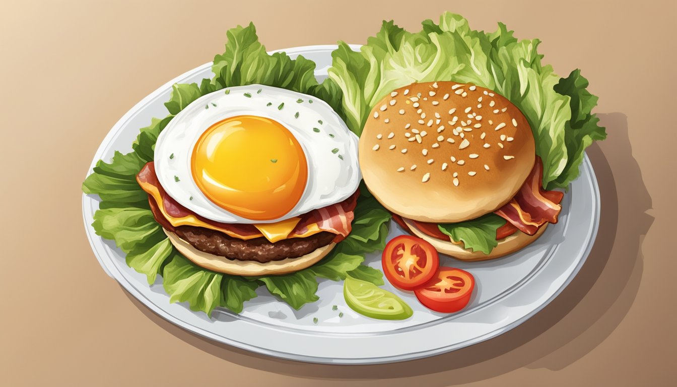 A sizzling burger patty topped with a fried egg, crispy bacon, melted cheese, and fresh lettuce and tomato, all nestled between a golden sesame seed bun