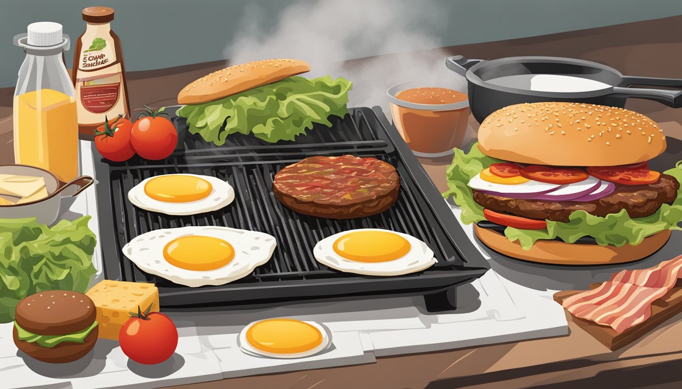 A sizzling grill with a burger patty, egg, and bacon cooking. Surrounding ingredients like lettuce, tomato, and cheese laid out on a prep table