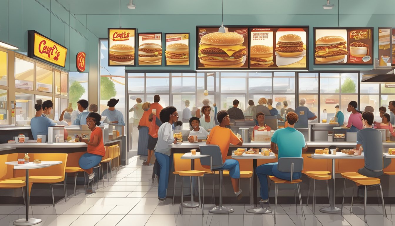 A bustling morning scene at Carl's Jr., with a variety of breakfast items displayed on the menu board and people chatting and enjoying their meals