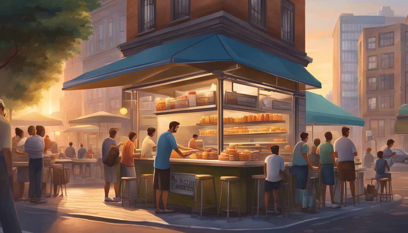 A bustling street corner with a small hot dog stand surrounded by eager customers. The owner is busy cooking and serving, while the sun rises over the city skyline