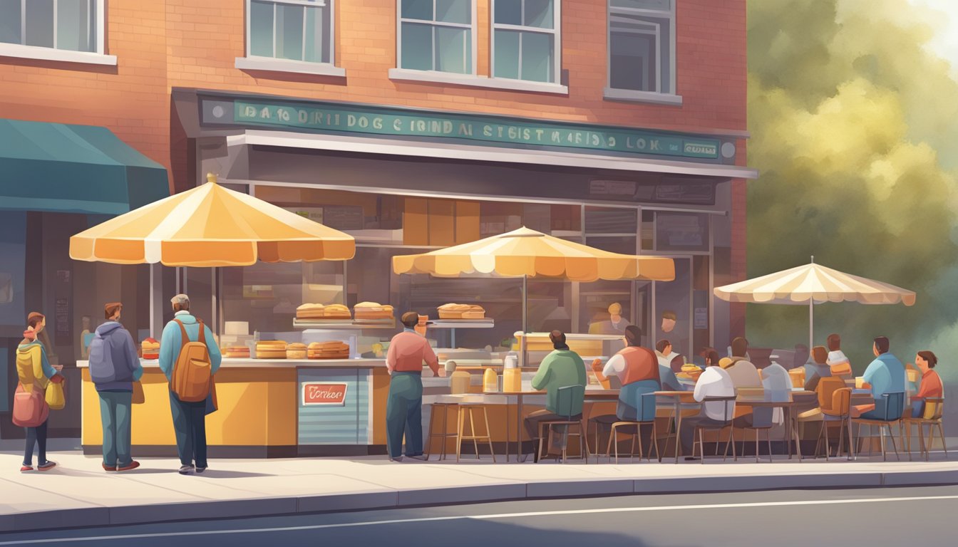 A small hot dog stand transforms into a bustling breakfast restaurant, with customers lining up for delicious morning meals