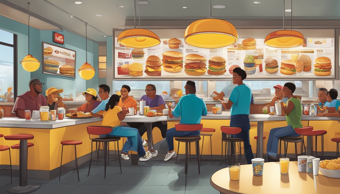 A bustling breakfast scene at Carl's Jr., with a diverse group of customers enjoying the morning menu in a welcoming and vibrant atmosphere