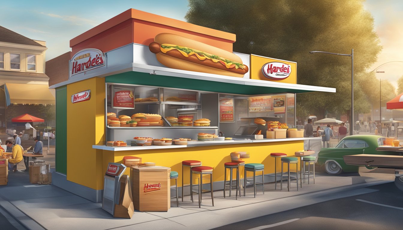 A small hot dog stand transforms into a bustling breakfast giant, symbolizing the evolution of Hardee's brand identity