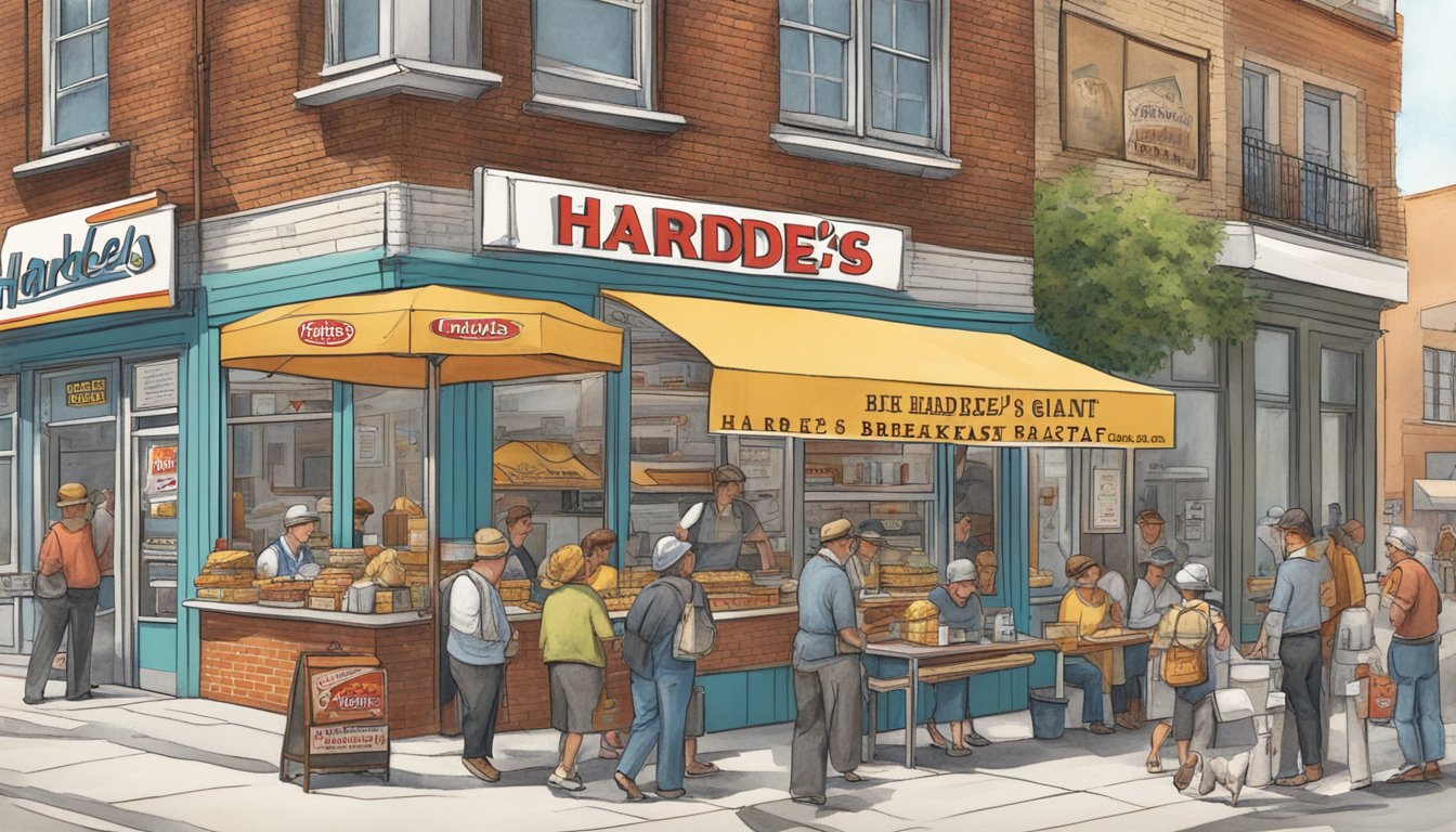 A bustling street corner with a small hot dog stand surrounded by eager customers. A sign overhead reads "Hardee's - Breakfast Giant."