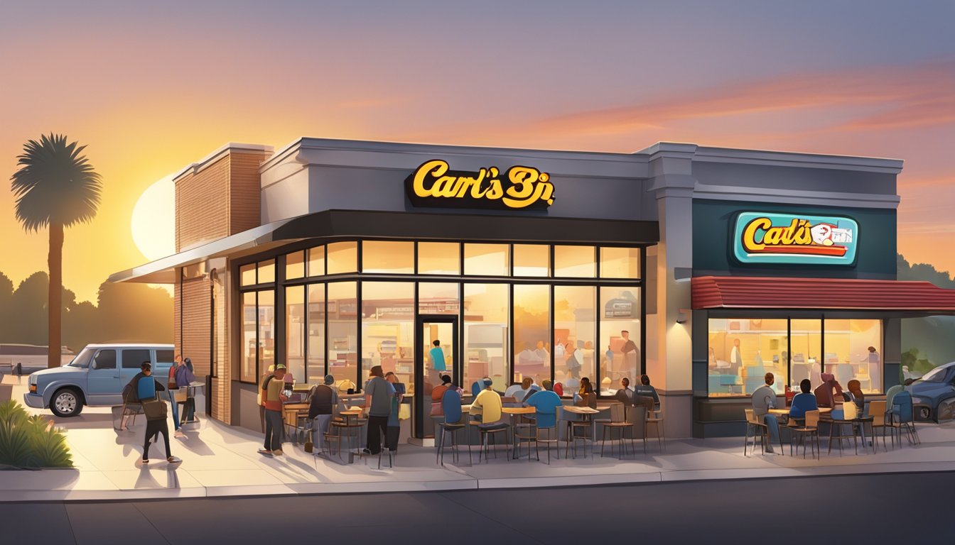 The sun rises over a bustling Carl's Jr. Breakfast Club, with people enjoying the morning menu. The restaurant is accessible and welcoming to all