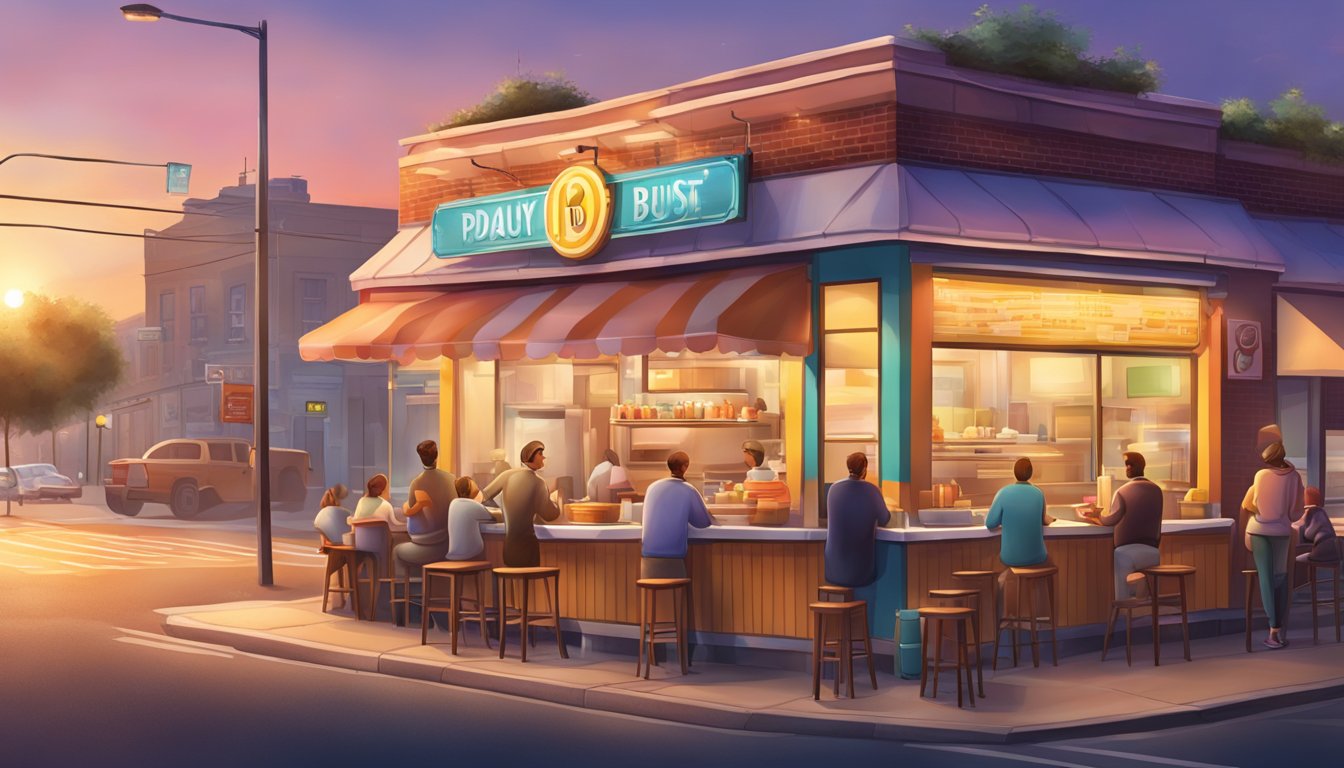 A bustling street corner with a small hot dog stand evolving into a bustling breakfast restaurant, with a colorful sunrise in the background