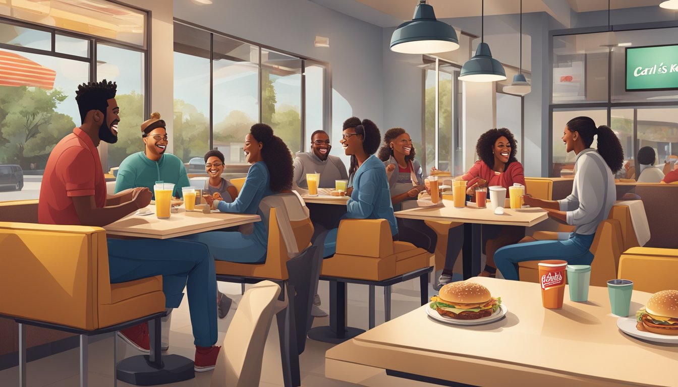 A group of diverse customers enjoying breakfast at Carl's Jr., chatting and laughing in a cozy, modern restaurant setting