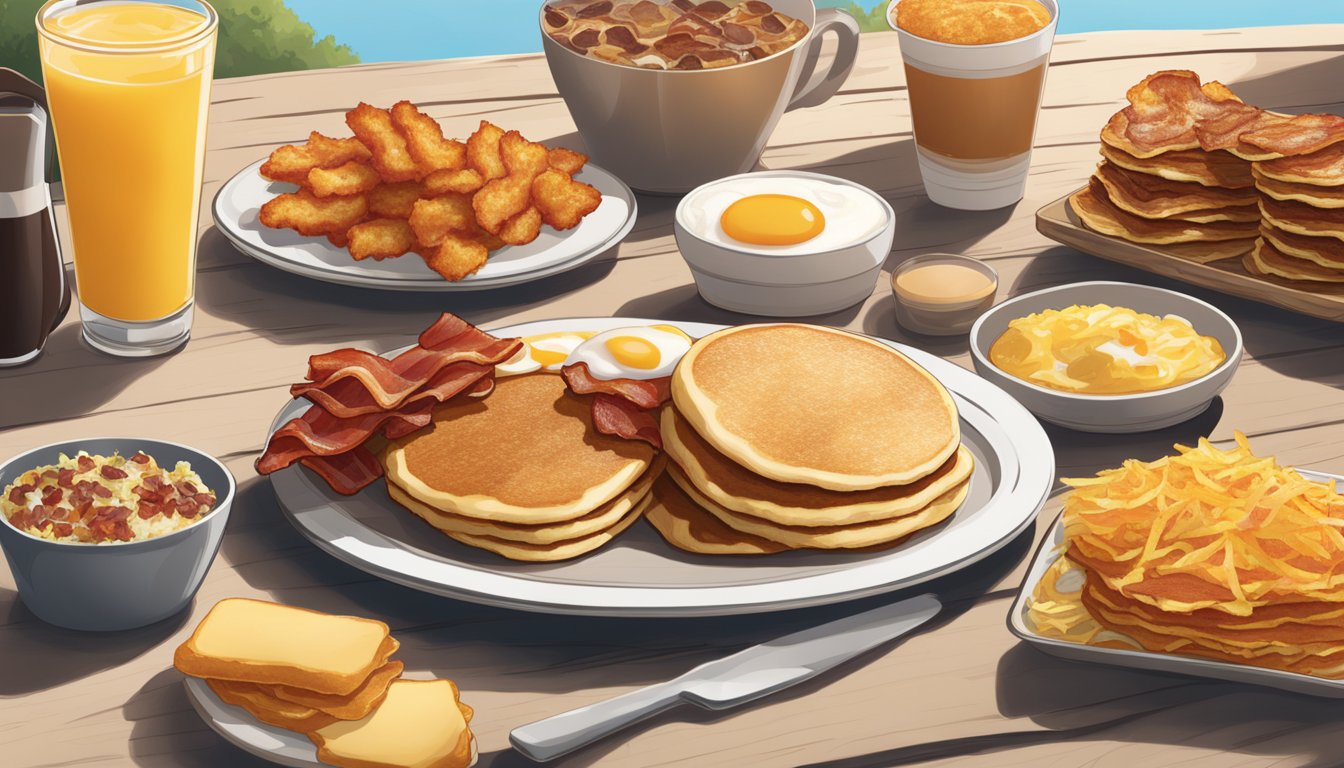 A sunlit breakfast landscape with a spread of pancakes, eggs, bacon, and hash browns, all served on a table with the Carl's Jr. logo prominently displayed