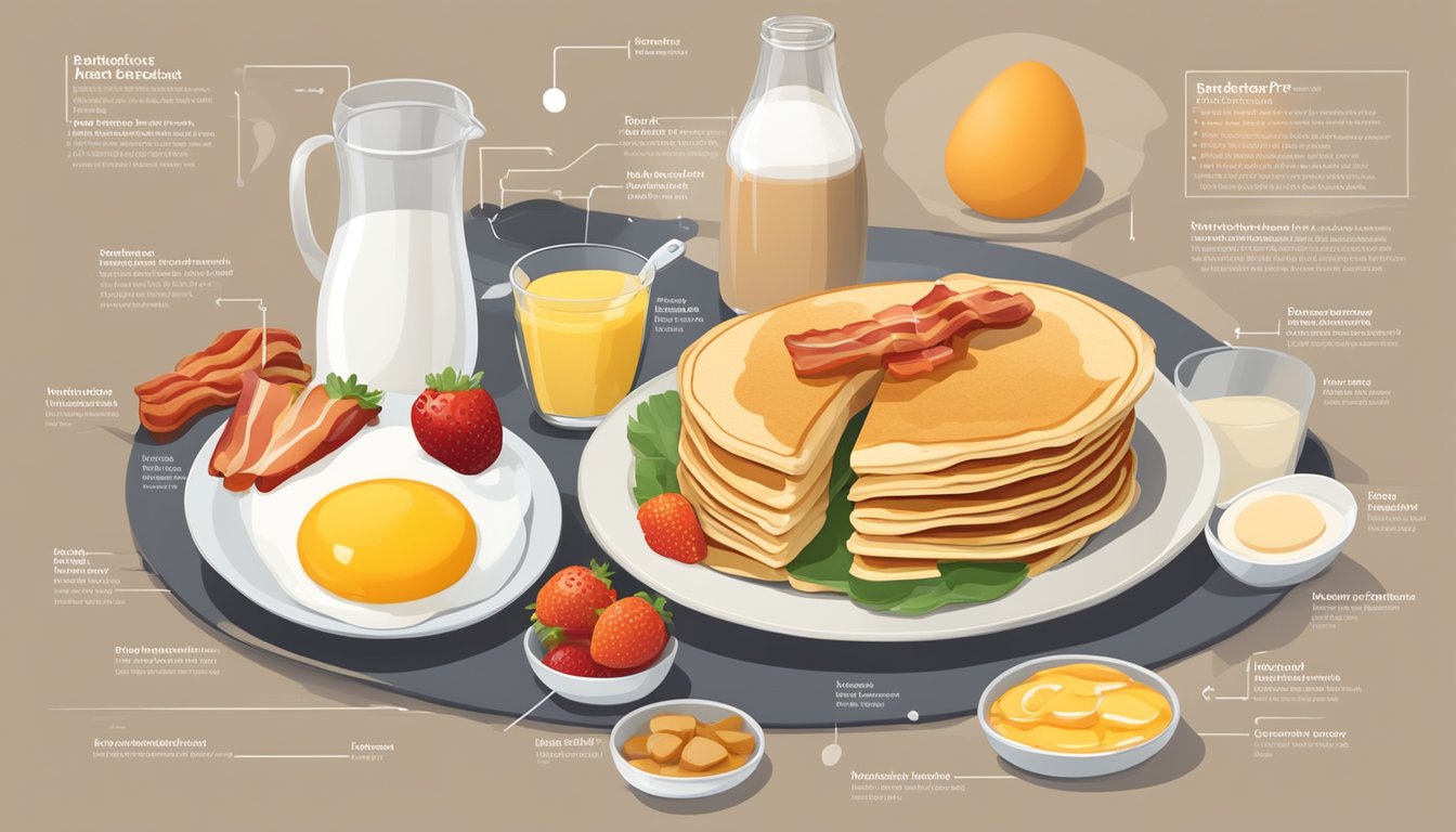 A table with a spread of breakfast foods, including pancakes, eggs, bacon, and fruit. A chart with nutritional information and dietary preferences is displayed nearby