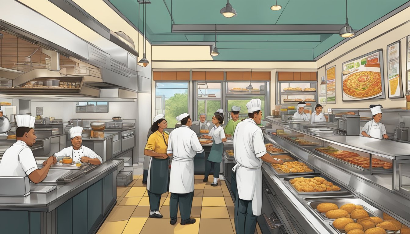 A bustling Hardee's restaurant with a line of customers eagerly ordering breakfast items from the innovative menu. A chef in the kitchen preparing signature dishes