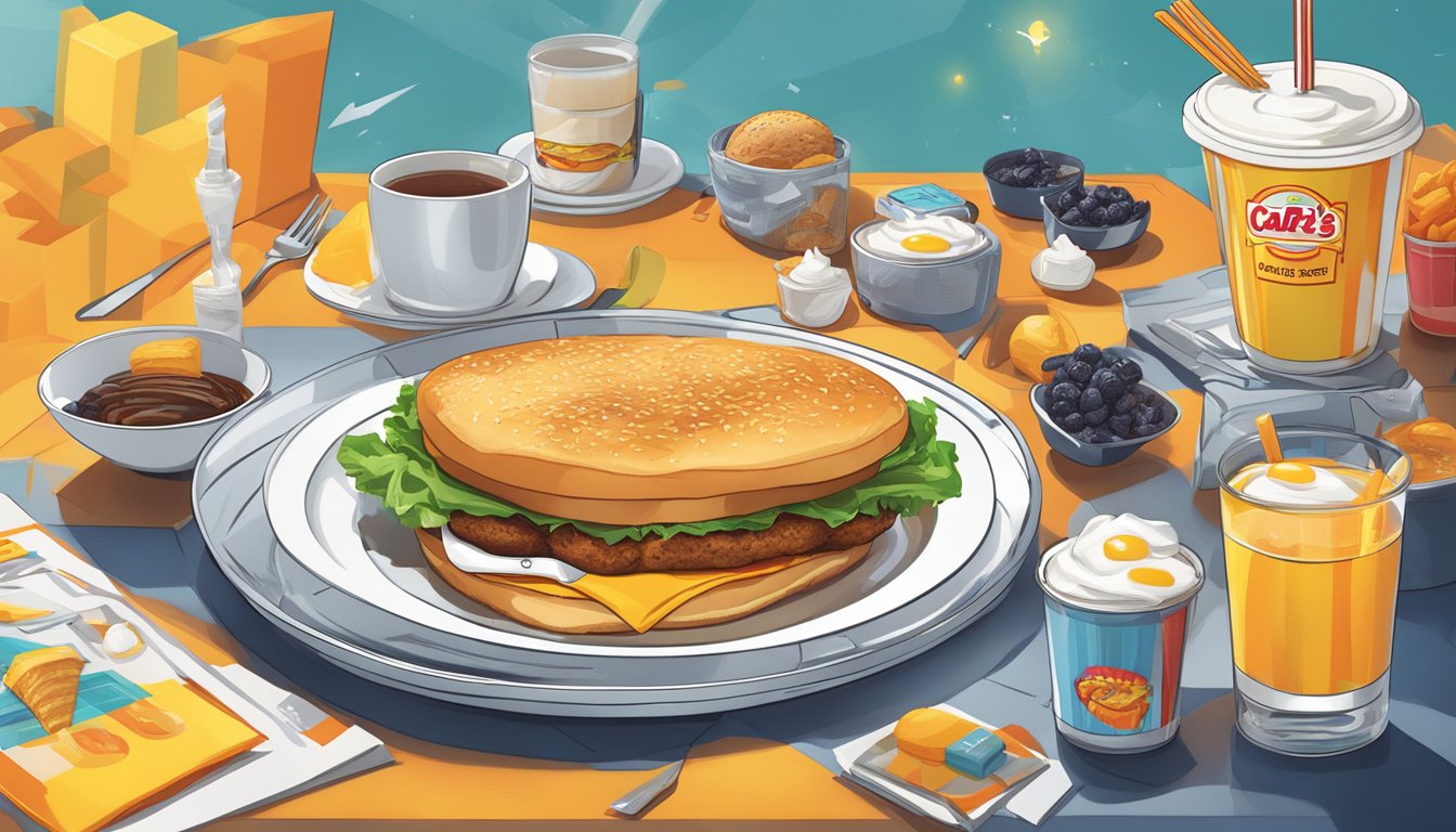 A table set with a Carl's Jr. breakfast spread, with futuristic elements and psychology-related imagery surrounding it