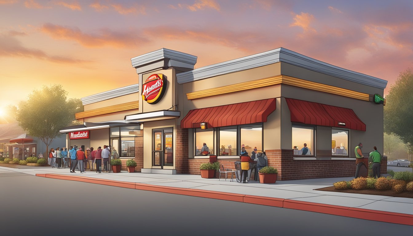 A bustling Hardee's restaurant at sunrise, with a dynamic new logo on the exterior sign. Customers eagerly line up for the revamped breakfast menu