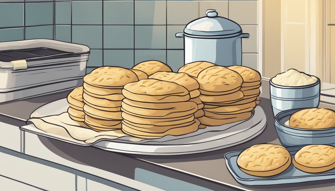 A kitchen counter with flour, butter, and a rolling pin. A tray of freshly baked flaky biscuits cooling on a wire rack