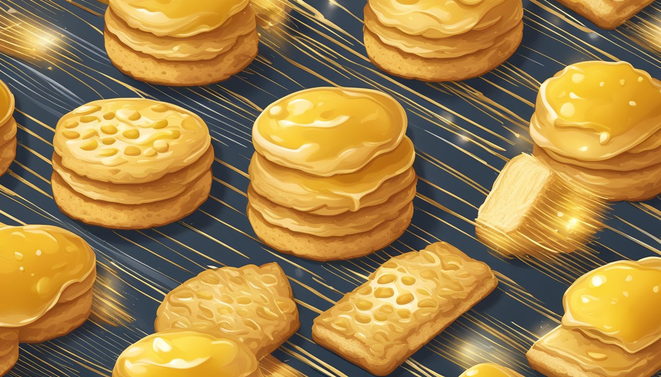 A golden, flaky biscuit being brushed with melted butter, emitting a rich, buttery aroma