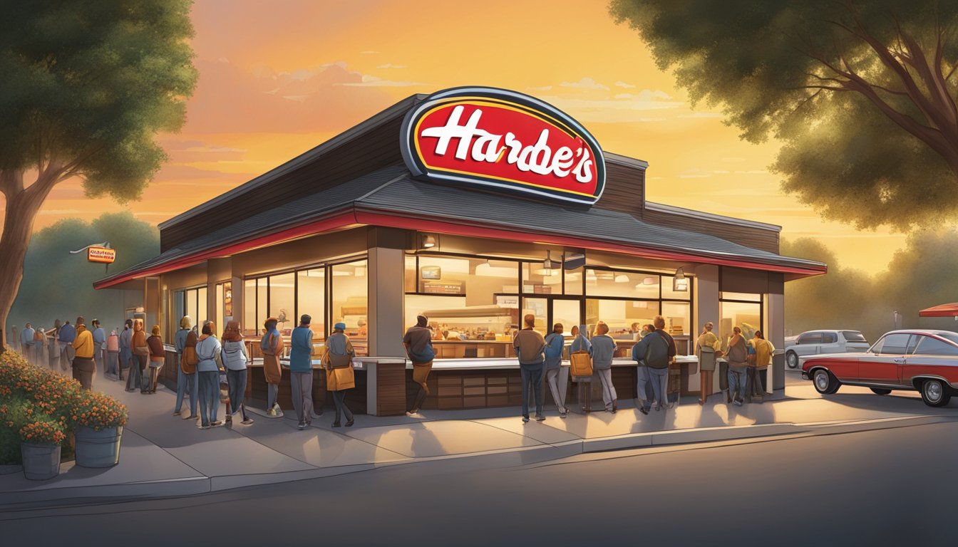 A bustling Hardee's restaurant at sunrise, with the iconic logo prominently displayed and a line of customers eagerly waiting for their innovative breakfast offerings