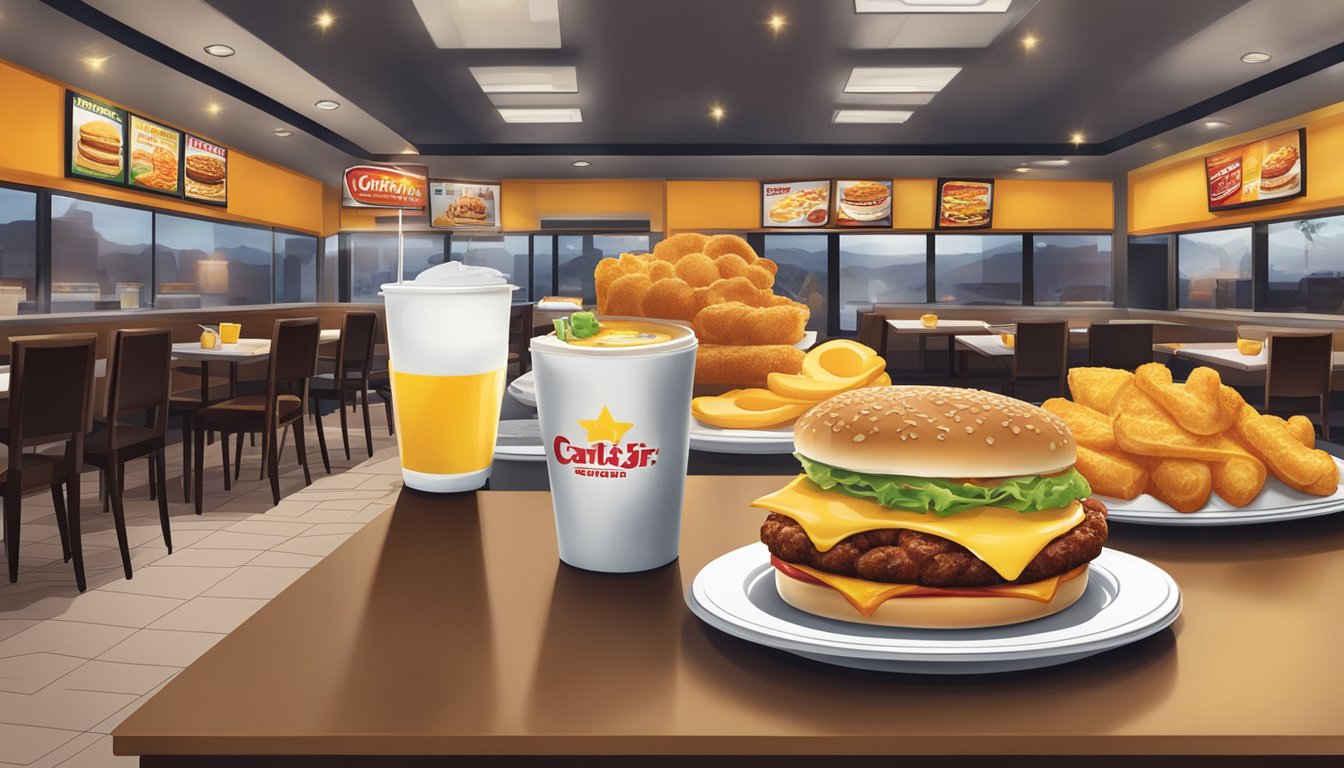 A dimly lit Carl's Jr. restaurant with a glowing "All-Day Breakfast" sign, showcasing a spread of breakfast items on a table