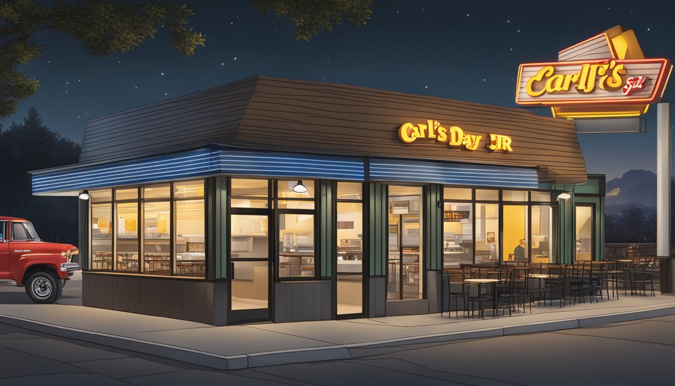 A bustling Carl's Jr. restaurant at night, with warm interior lighting and a sign advertising "All-Day Breakfast" above the entrance