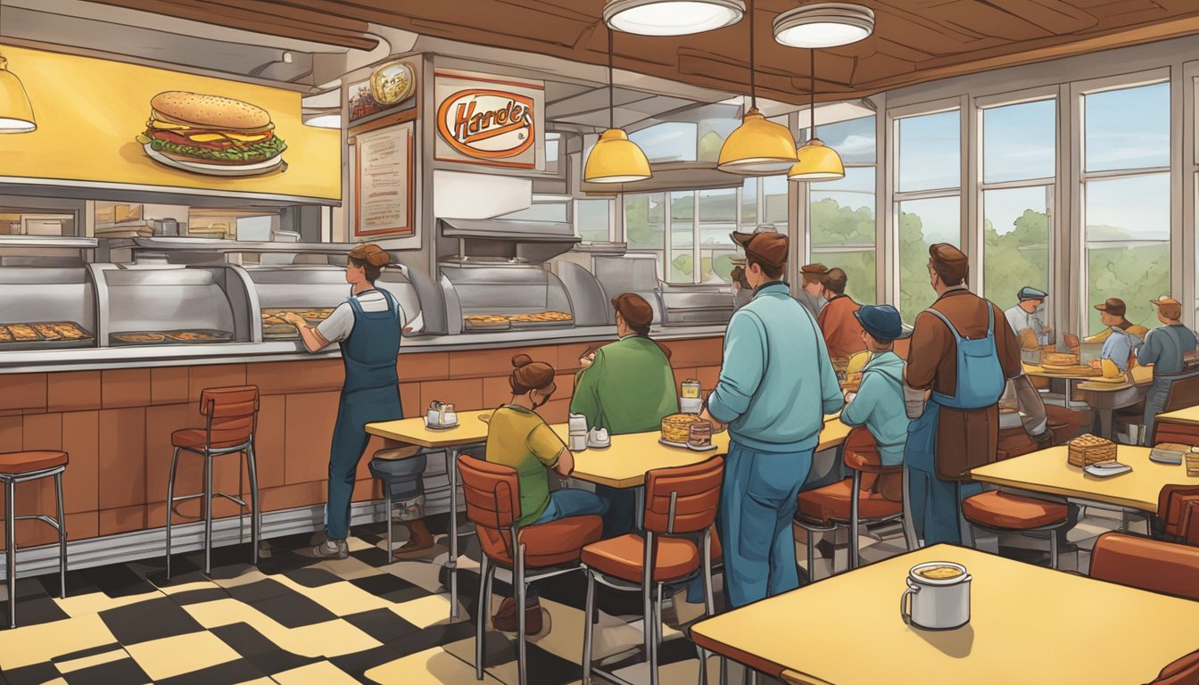 A bustling diner with two distinct breakfast menus side by side, one labeled "Hardee's" and the other "Carl's Jr." A chef prepares a hearty breakfast while customers line up to place their orders