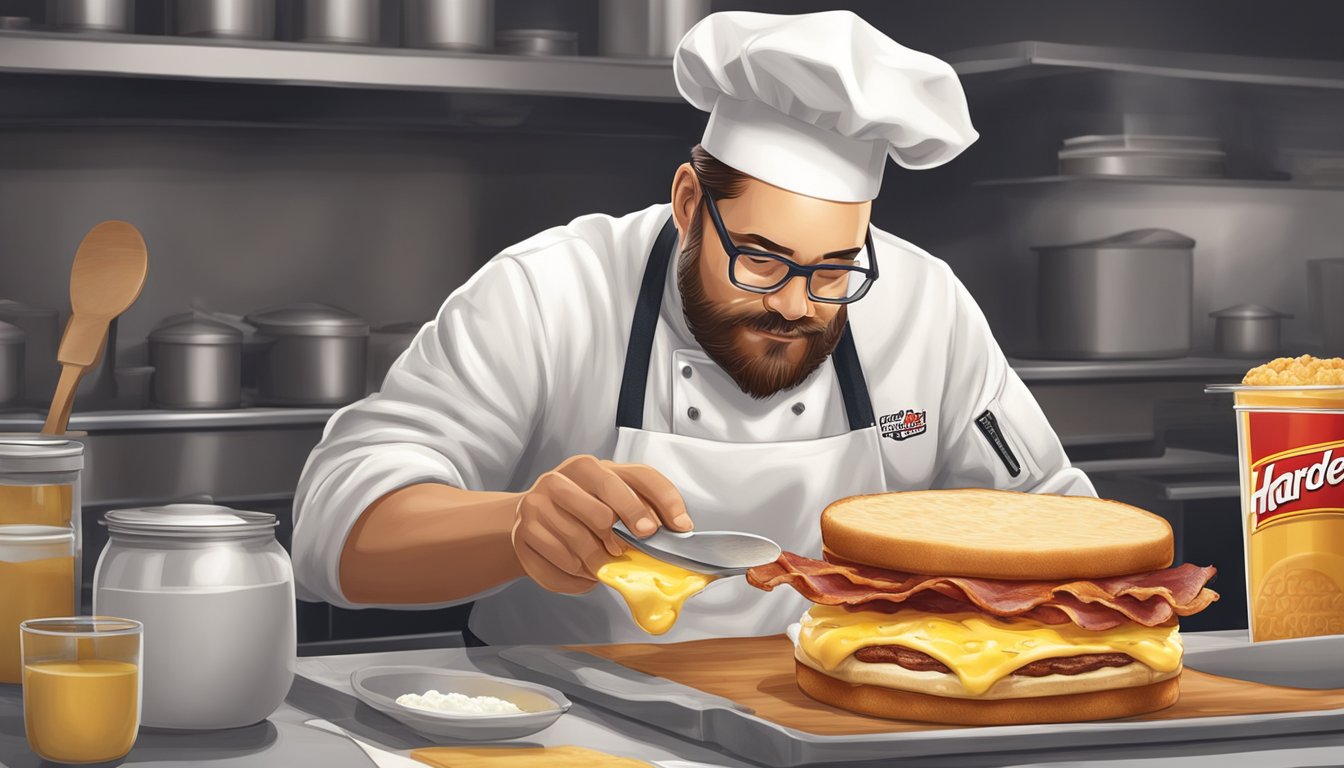 A chef carefully layers eggs, cheese, and bacon on a freshly toasted biscuit, creating the perfect Hardee's breakfast sandwich