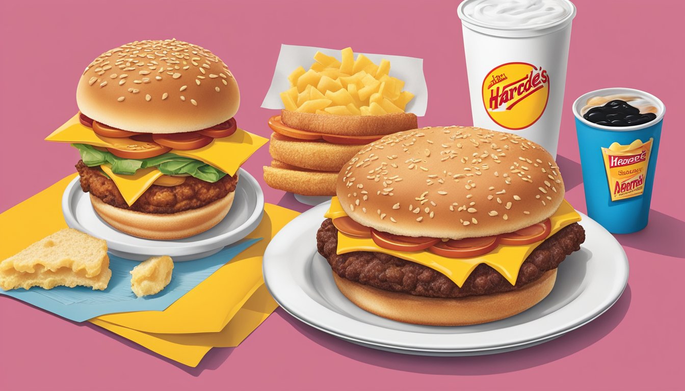 The scene depicts two distinct breakfast menus side by side, each representing the unique brand identity of Hardee's and Carl's Jr. The menus showcase a variety of breakfast items, highlighting the evolution of each brand