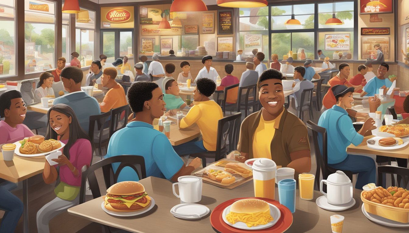 A bustling breakfast restaurant with two distinct signs and menus, each representing the branding of Hardee's and Carl's Jr. A diverse group of customers enjoying their meals