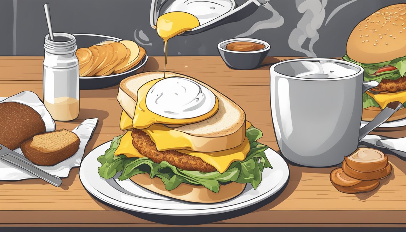 A sizzling breakfast sandwich being carefully assembled with fresh ingredients on a warm, toasty bun