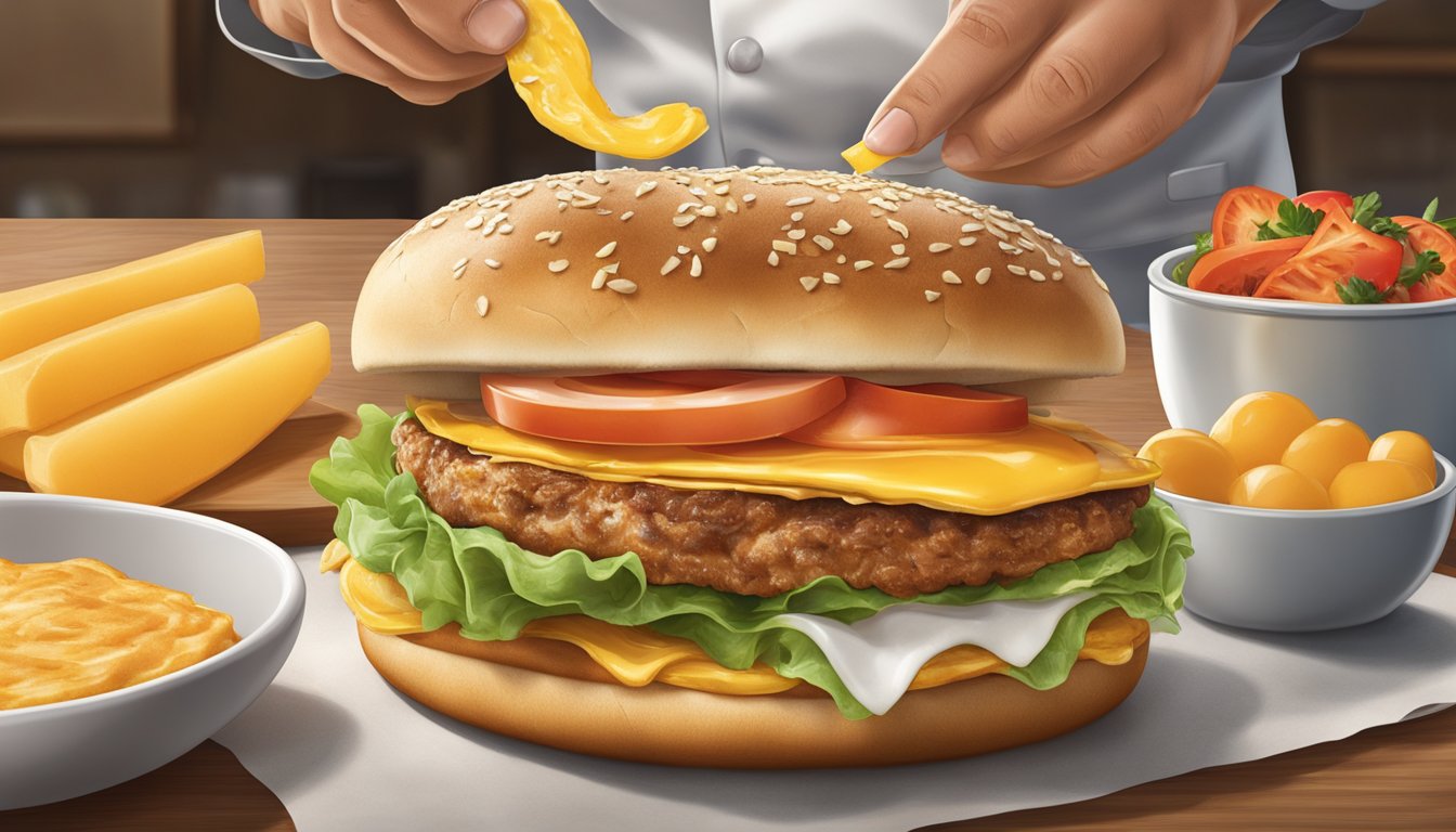 A chef carefully layers fresh ingredients on a toasted bun, creating the perfect Hardee's breakfast sandwich