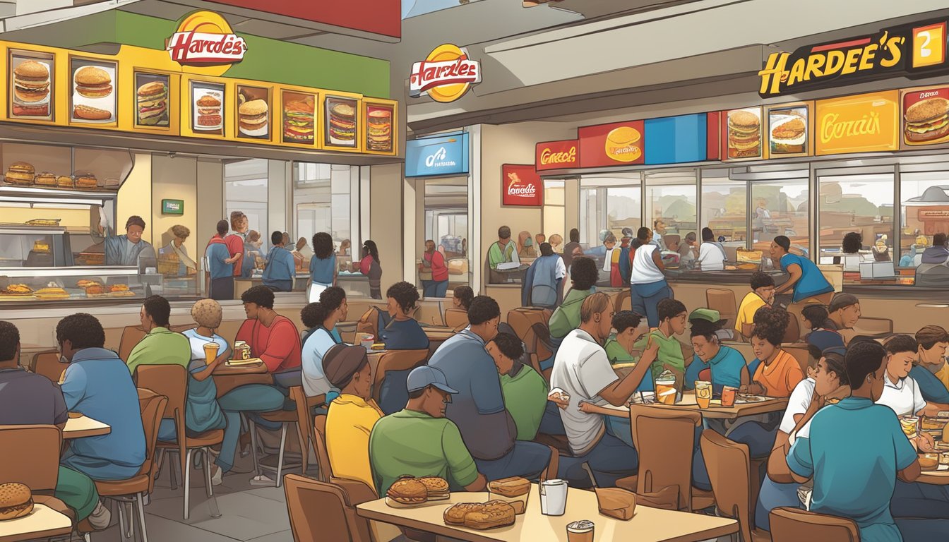 A bustling breakfast rush at two competing fast food chains, with diverse customers enjoying their meals. Hardee's and Carl's Jr. logos prominently displayed