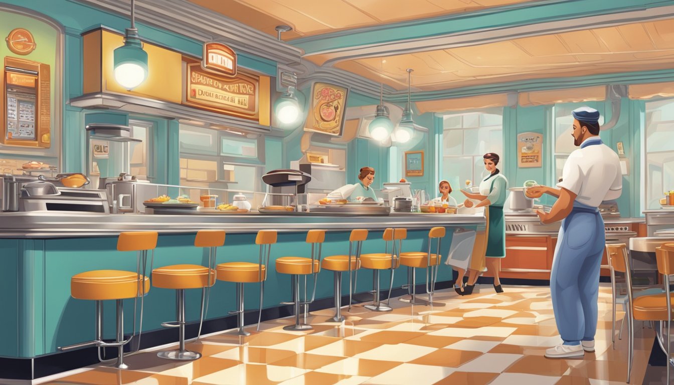 A bustling morning diner with a retro aesthetic, featuring a vintage jukebox and a chef preparing breakfast dishes