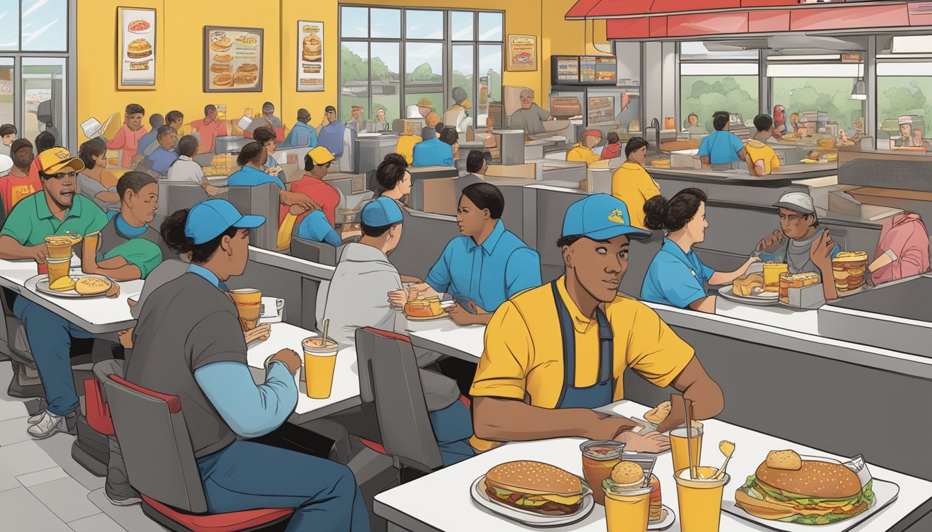 A bustling breakfast rush at Hardee's and Carl's Jr., with customers enjoying their meals and staff efficiently managing orders