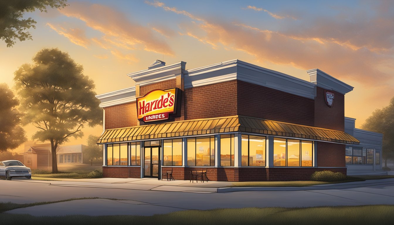 The sun rises behind a Hardee's restaurant in Greenville, NC, with a warm glow illuminating the building. A sign prominently displays the message "Meet the Mastermind: Wilber Hardee's Vision for Morning Meals."