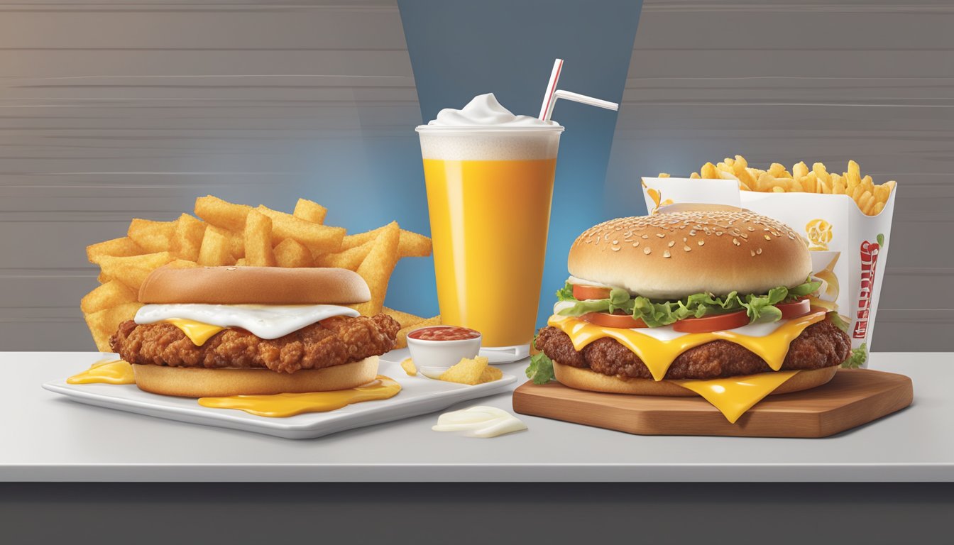 A split-screen showing Hardee's and Carl's Jr. breakfast menus side by side, with a spotlight highlighting their respective signature dishes