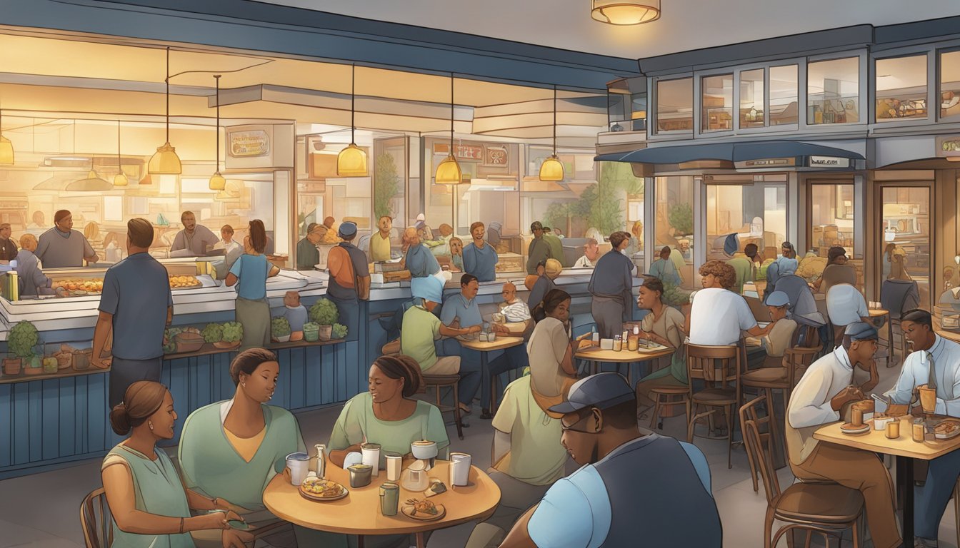 A bustling restaurant scene at dawn, with a dynamic mix of customers and staff, showcasing the strategic growth of CKE Restaurants and the vision of Wilber Hardee for morning meals