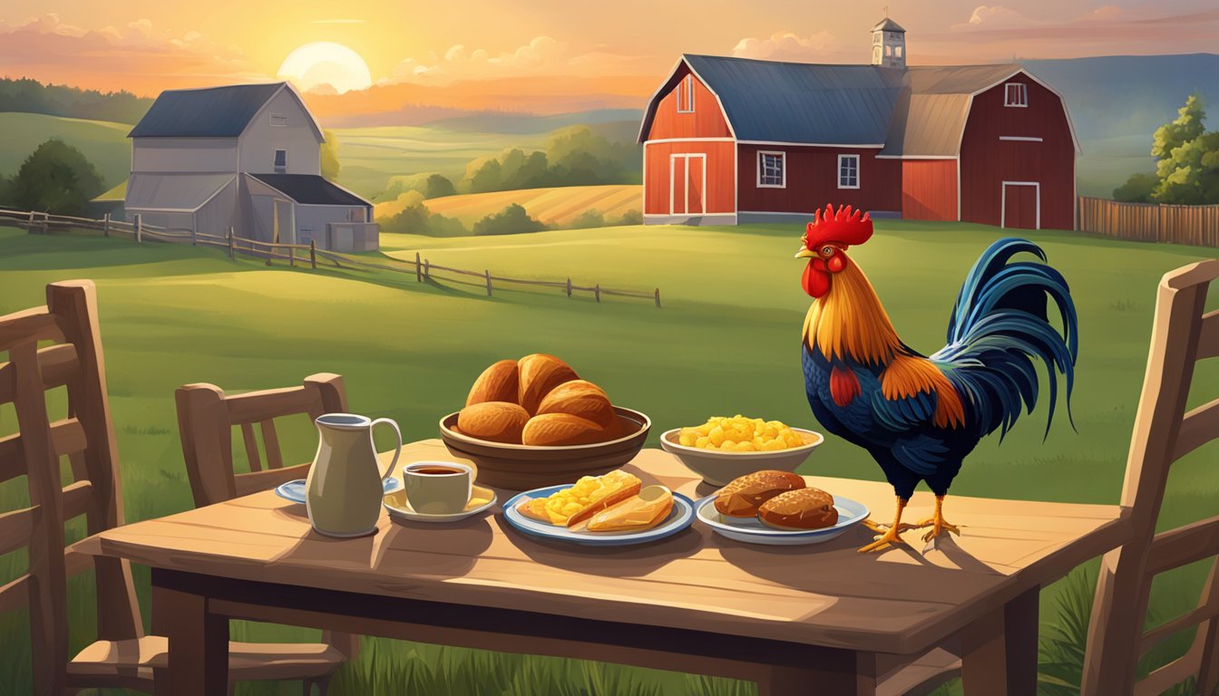 A sunrise over a countryside farm with a rooster crowing and a table set with a hearty breakfast spread