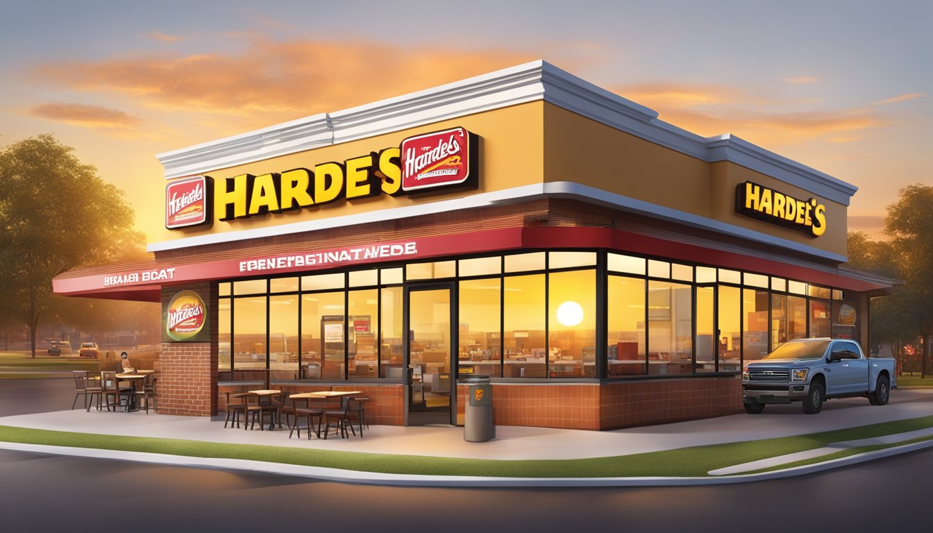 A bustling Hardee's restaurant with a sunrise backdrop and iconic breakfast items displayed on the counter