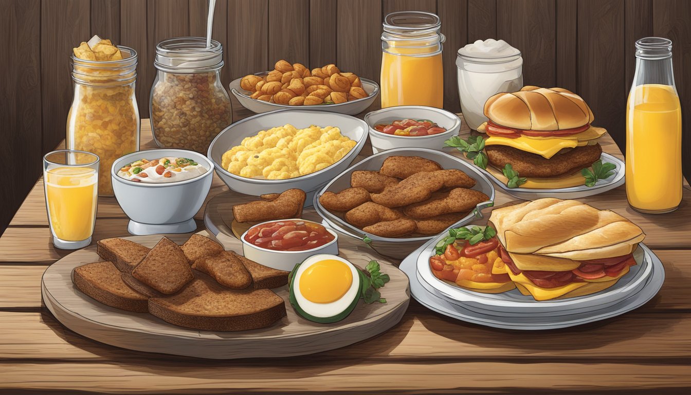 A steaming breakfast spread featuring regional flavors from Hardee's, with a variety of dishes and ingredients on a rustic wooden table