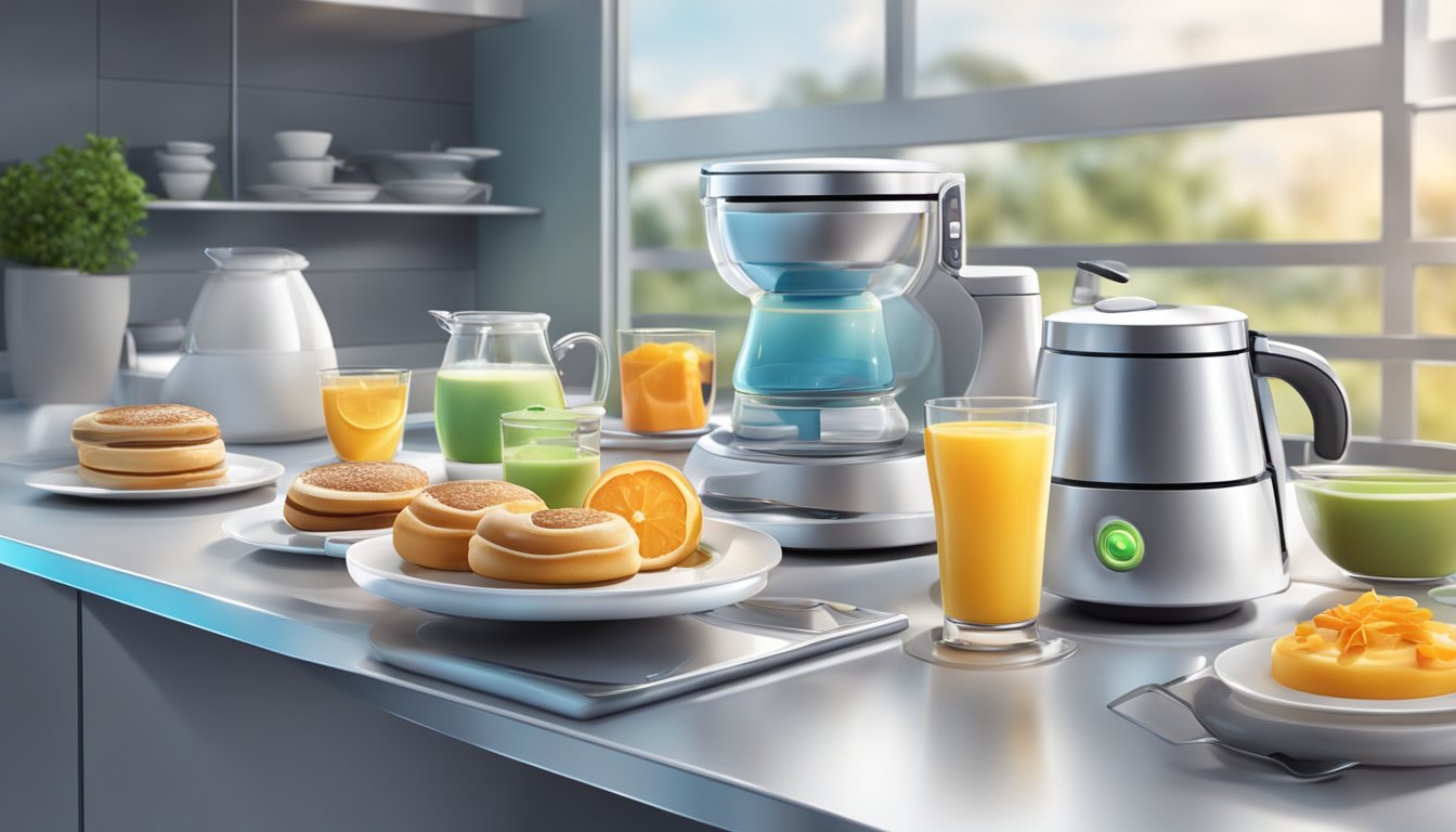 A futuristic breakfast concept with innovative food items and high-tech kitchen appliances