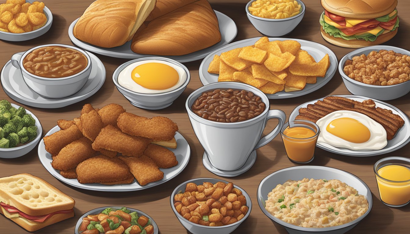 A table spread with regional breakfast items from Hardee's, showcasing a variety of flavors and ingredients