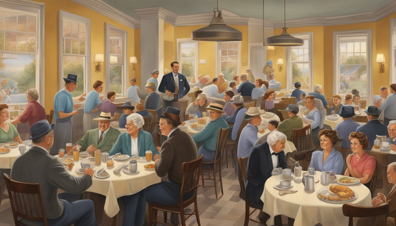 A bustling breakfast restaurant with a diverse crowd enjoying their morning meals, while the founder, Wilber Hardee, is depicted in a portrait on the wall