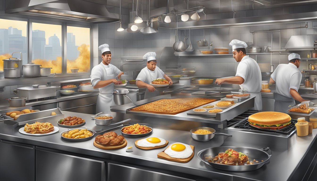 A bustling kitchen with sizzling griddles, steaming pots, and a flurry of ingredients being expertly prepared for Hardee's breakfast specialties