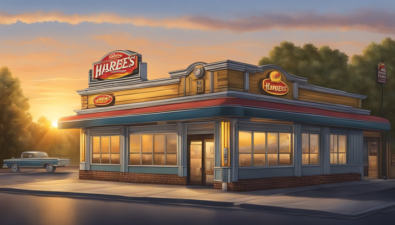 The sun rises behind an old Hardee's restaurant, with a vintage sign and a nostalgic feel. The building exudes history and significance