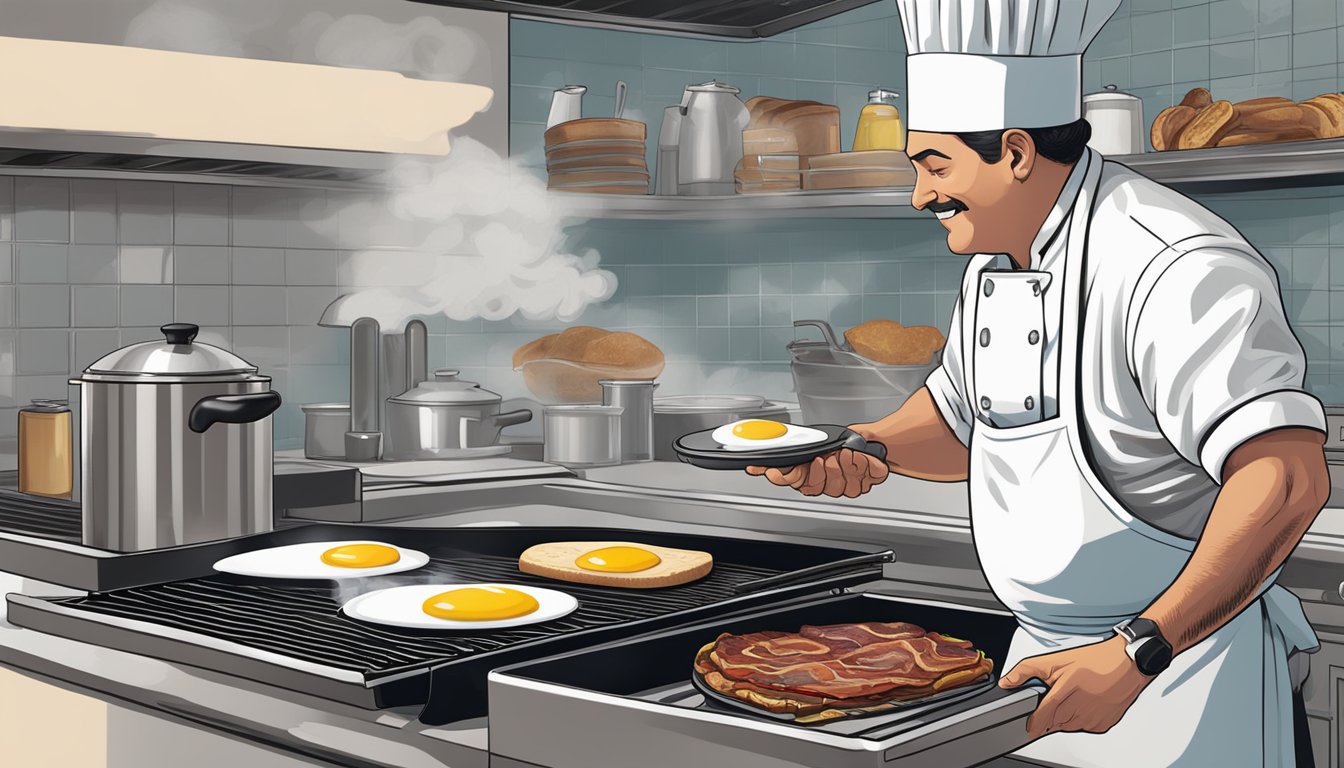 The Hardee's breakfast chef expertly flips sizzling bacon and eggs on the griddle, while steam rises from a pot of freshly brewed coffee nearby