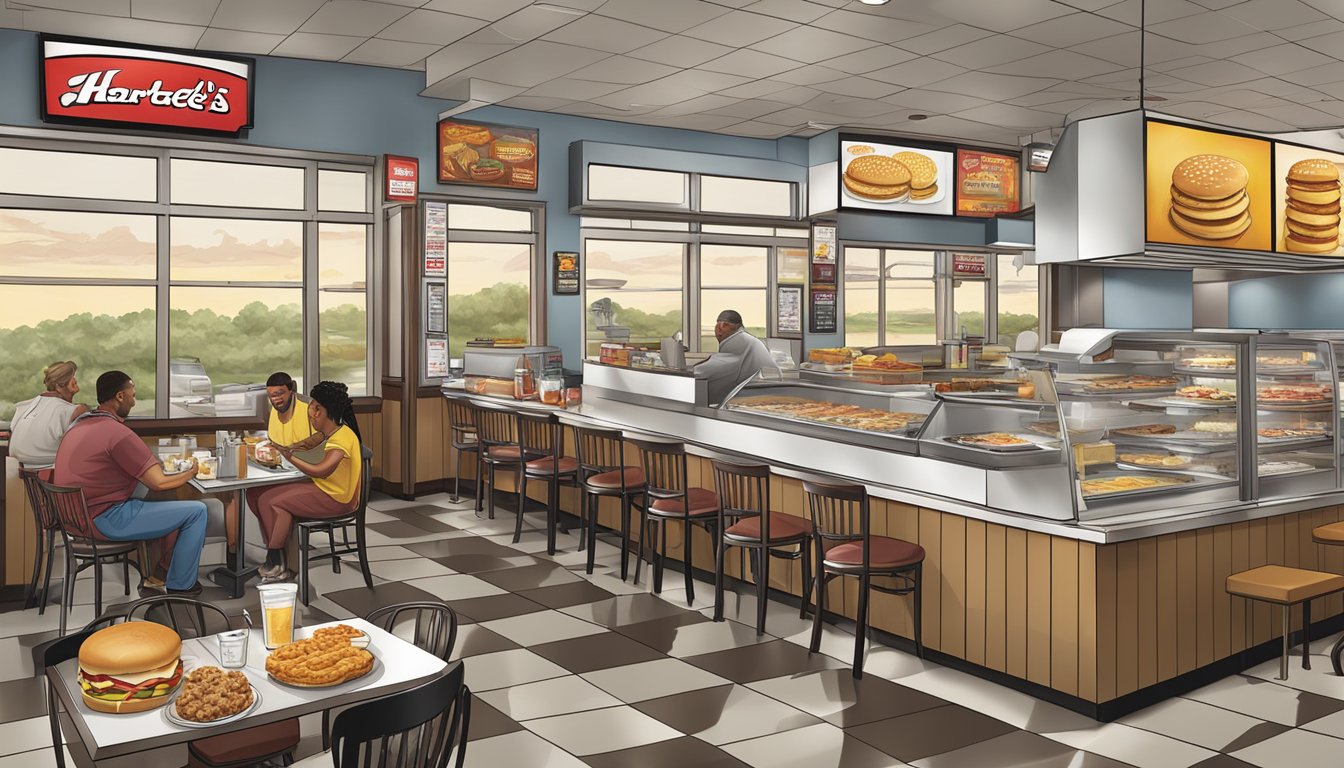 A bustling Hardee's restaurant with a variety of regional breakfast items on display, including biscuits, gravy, and other classic Southern dishes