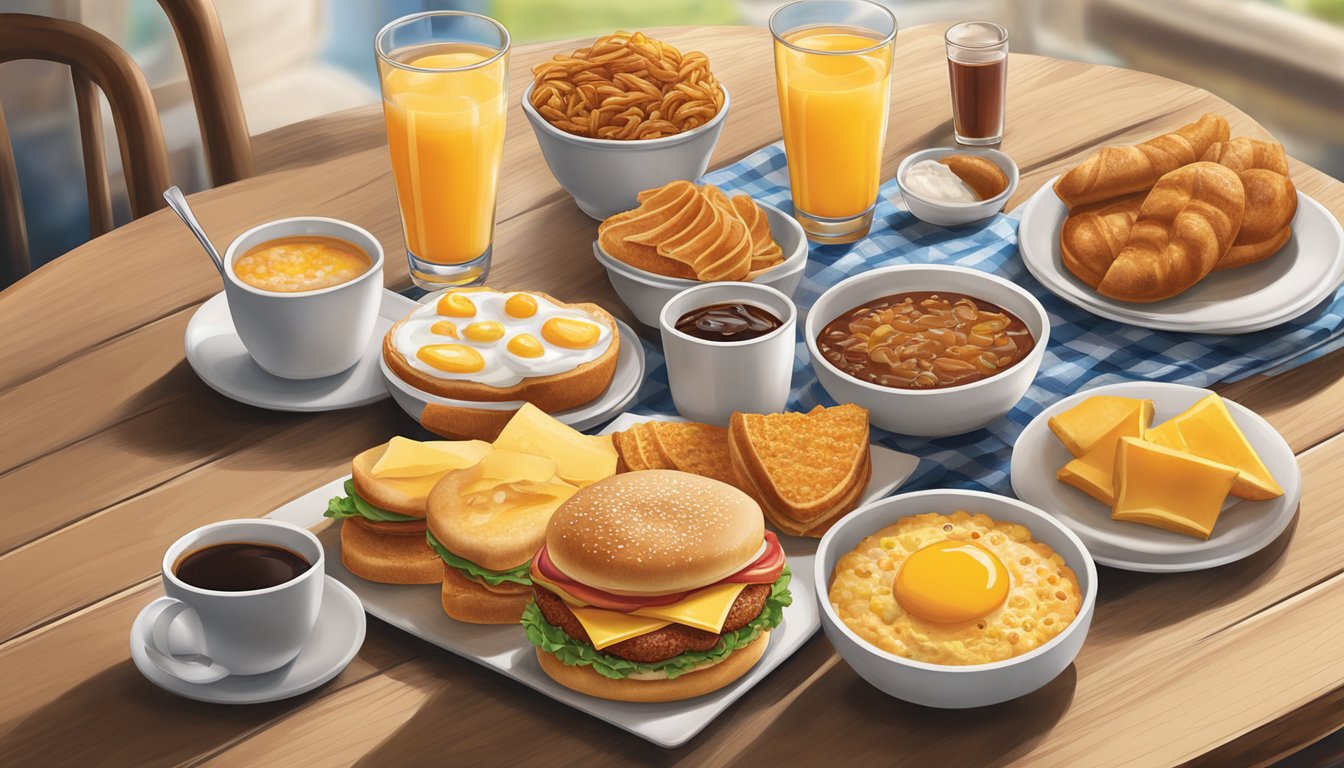 A table set with a variety of regional breakfast beverages, including coffee, orange juice, and sweet tea, alongside a spread of Hardee's breakfast items