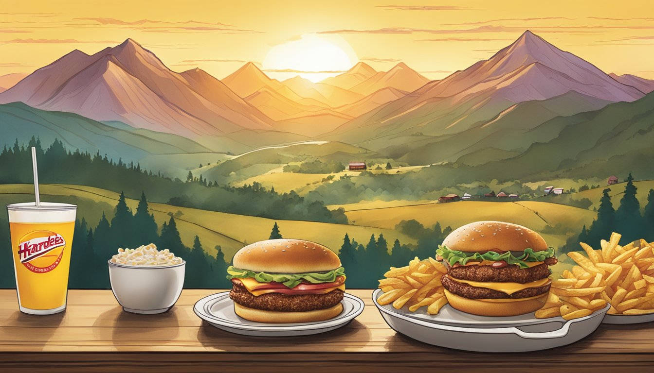 A sunrise over a mountain range with a Hardee's restaurant in the foreground, serving breakfast items with regional flavors